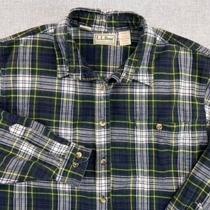 VTG 90s L.L. Bean Flannel Tartan Plaid Shirt Womens Large Green Cotton Cabin USA